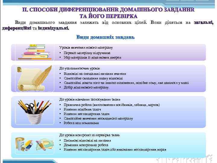 Види домашнього завдання залежать від основних цілей. Вони діляться на загальні, диференційні та індивідуальні.