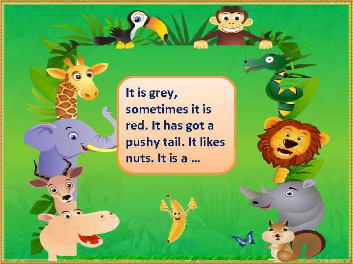 It is grey, sometimes it is red. It has got a pushy tail. It