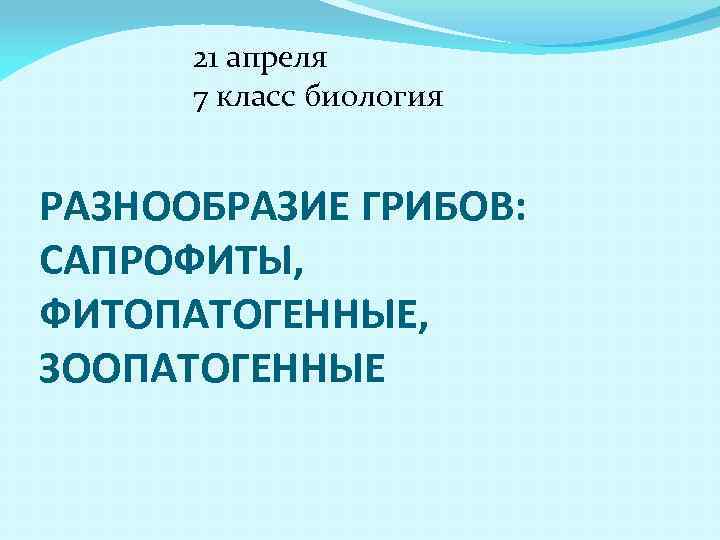 21 апреля 7 класс биология РАЗНООБРАЗИЕ ГРИБОВ: САПРОФИТЫ, ФИТОПАТОГЕННЫЕ, ЗООПАТОГЕННЫЕ 