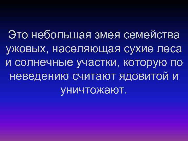 Это небольшая змея семейства ужовых, населяющая сухие леса и солнечные участки, которую по неведению