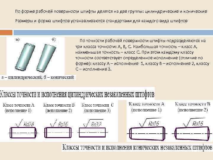 По форме рабочей поверхности штифты делятся на две группы: цилиндрические и конические Размеры и