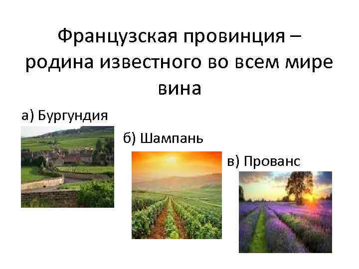 Французская провинция – родина известного во всем мире вина а) Бургундия б) Шампань в)