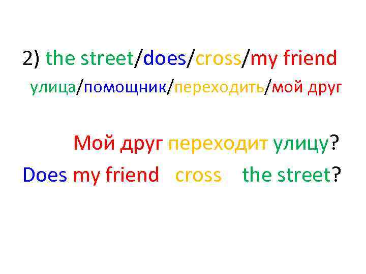 2) the street/does/cross/my friend улица/помощник/переходить/мой друг Мой друг переходит улицу? Does my friend cross