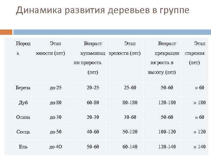 Динамика развития деревьев в группе Пород а Этап юности (лет) Возраст Этап кульминац зрелости