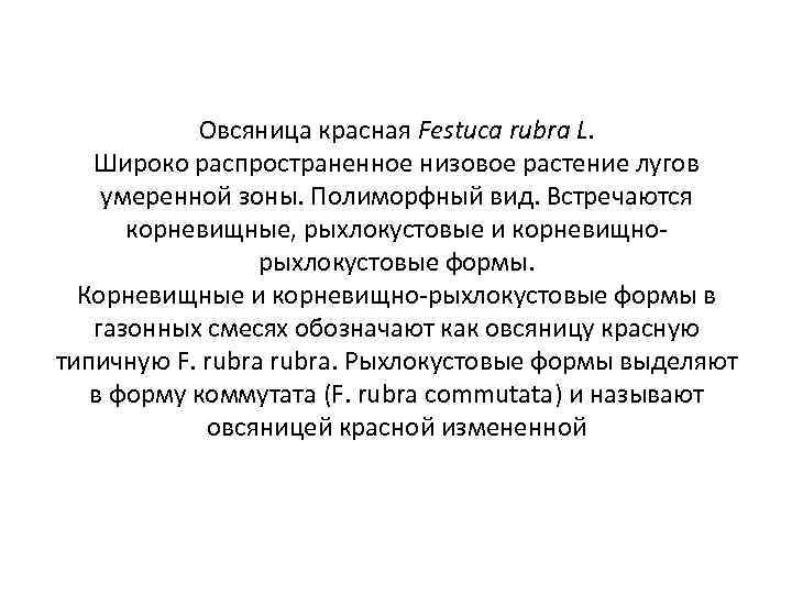 Овсяница красная Festuca rubra L. Широко распространенное низовое растение лугов умеренной зоны. Полиморфный вид.