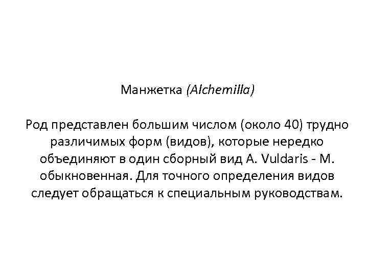 Манжетка (Alchemilla) Род представлен большим числом (около 40) трудно различимых форм (видов), которые нередко