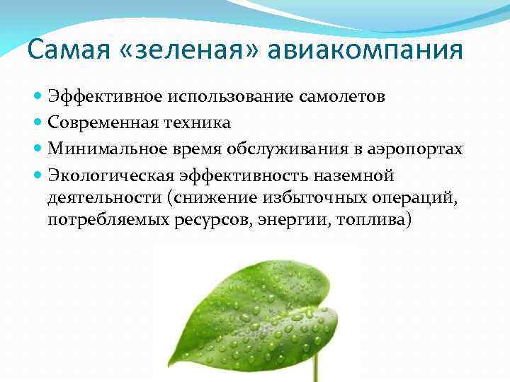 Самая «зеленая» авиакомпания Эффективное использование самолетов Современная техника Минимальное время обслуживания в аэропортах Экологическая