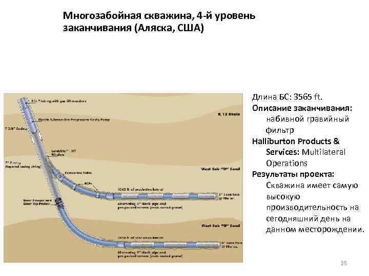 Многозабойная скважина, 4 -й уровень заканчивания (Аляска, США) Длина БС: 3565 ft. Описание заканчивания: