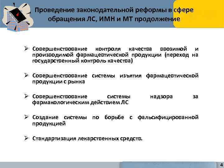 Проведение законодательной реформы в сфере обращения ЛС, ИМН и МТ продолжение Ø Совершенствование контроля