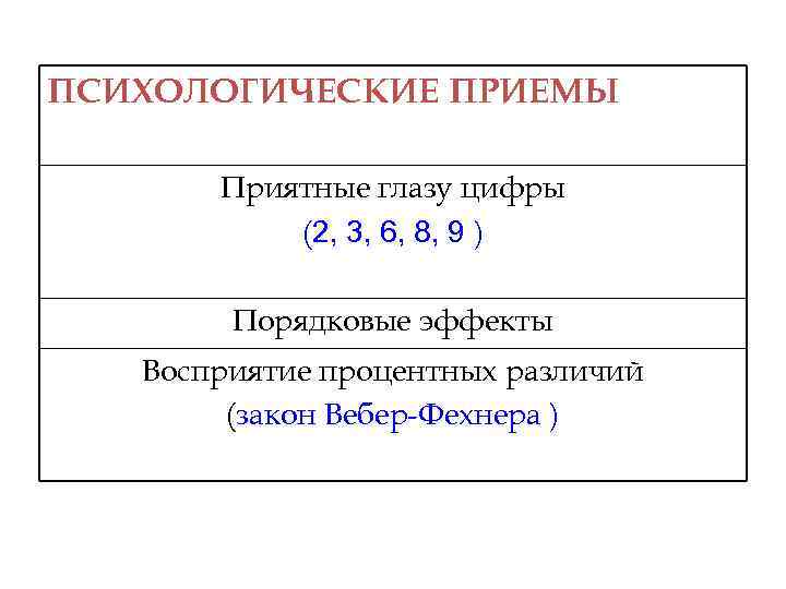 ПСИХОЛОГИЧЕСКИЕ ПРИЕМЫ Приятные глазу цифры (2, 3, 6, 8, 9 ) Порядковые эффекты Восприятие