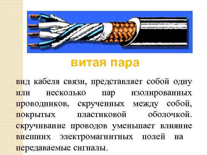 витая пара вид кабеля связи, представляет собой одну или несколько пар изолированных проводников, скрученных