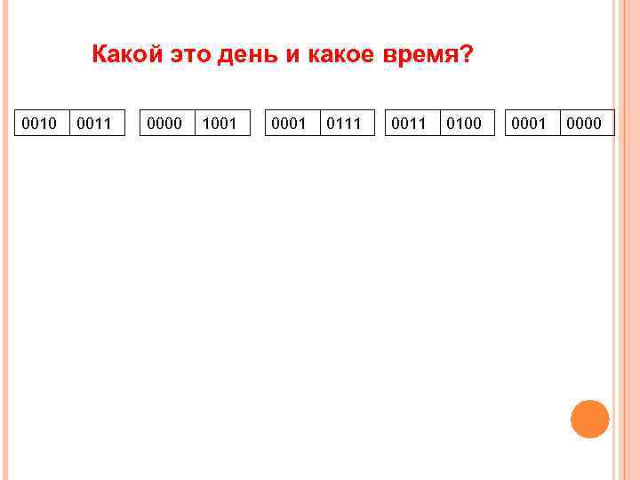 Какой это день и какое время? 0010 0011 0000 1001 0111 0011 0100 0001