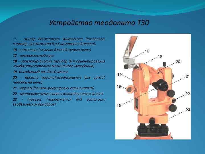 Устройство теодолита Т 30 15 - окуляр отсчетного микроскопа (позволяет снимать отсчеты по В