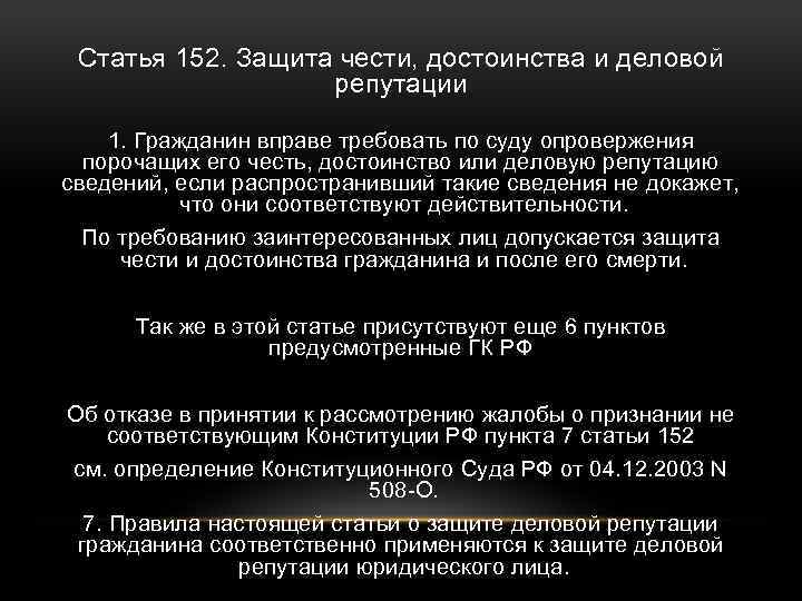 Статья 152. Защита чести, достоинства и деловой репутации 1. Гражданин вправе требовать по суду