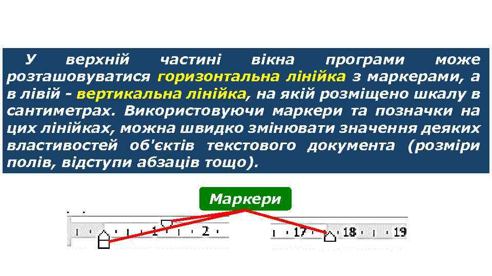 Текстовий документ та його об’єкти У верхній частині вікна програми може розташовуватися горизонтальна лінійка