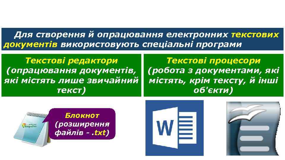 Текстовий документ та його об’єкти Для створення й опрацювання електронних текстових документів використовують спеціальні