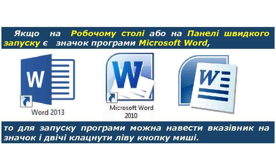 Запуск програми Microsoft Word Якщо на Робочому столі або на Панелі швидкого запуску є