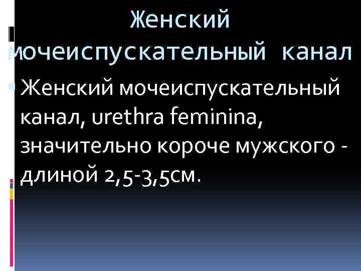 Женский мочеиспускательный канал Женский мочеиспускательный канал, urethra feminina, значительно короче мужского длиной 2, 5