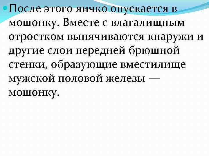  После этого яичко опускается в мошонку. Вместе с влагалищным отростком выпячиваются кнаружи и