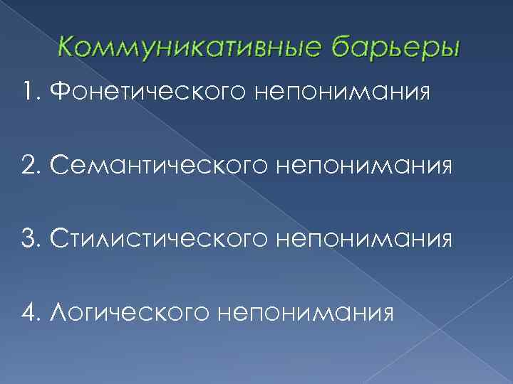 Коммуникативные барьеры 1. Фонетического непонимания 2. Семантического непонимания 3. Стилистического непонимания 4. Логического непонимания