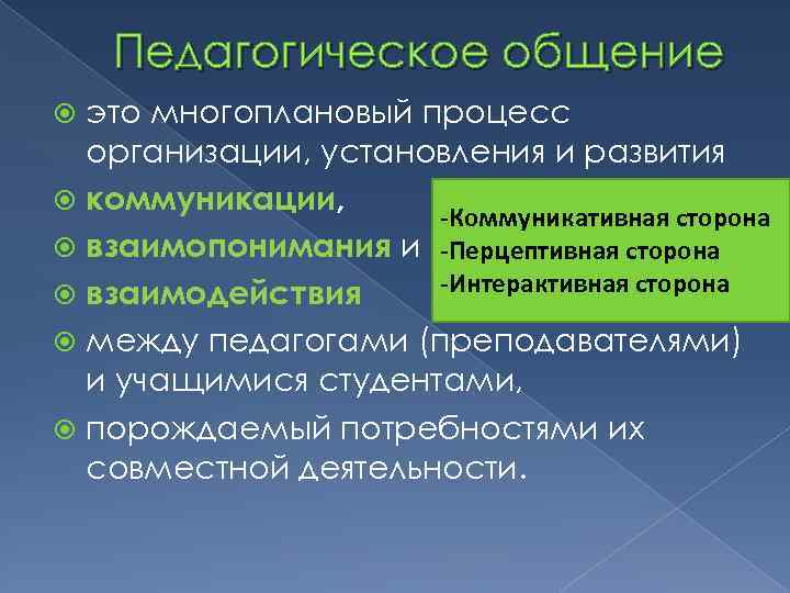 Педагогическое общение это многоплановый процесс организации, установления и развития коммуникации, -Коммуникативная сторона взаимопонимания и