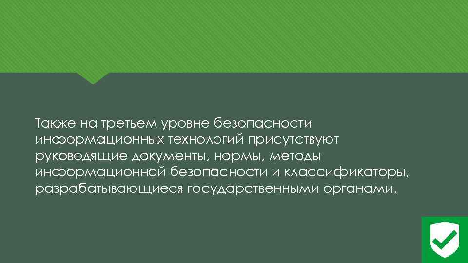 Также на третьем уровне безопасности информационных технологий присутствуют руководящие документы, нормы, методы информационной безопасности