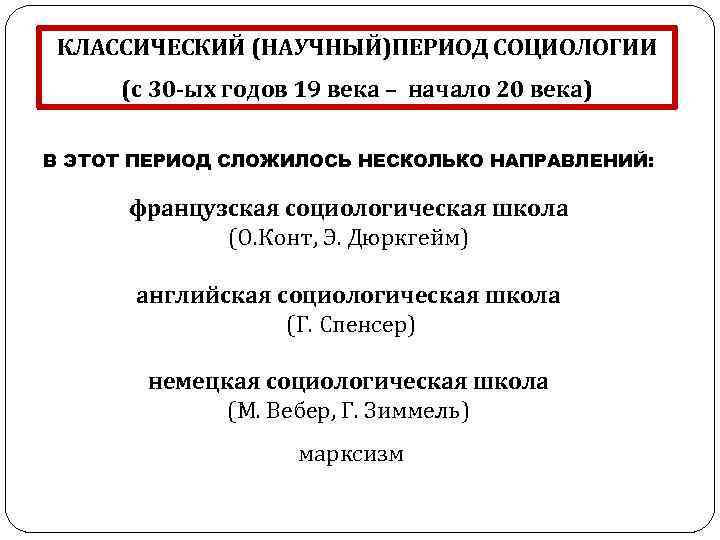 Социология xix века. Направления социологии в 20 веке. Классический период развития социологии. Классические школы социологии 19-20. Представители классической социологии.