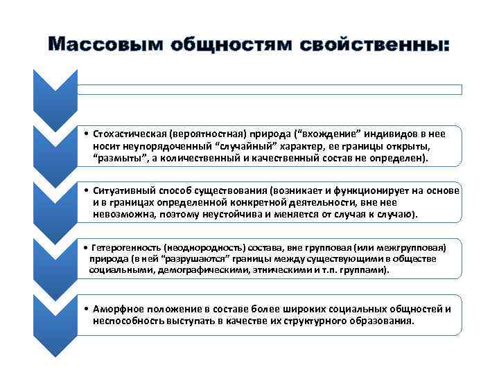 Массовым общностям свойственны: • Стохастическая (вероятностная) природа (“вхождение” индивидов в нее носит неупорядоченный “случайный”