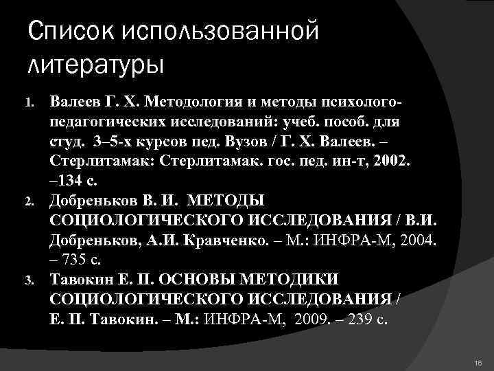 Список использованной литературы Валеев Г. Х. Методология и методы психологопедагогических исследований: учеб. пособ. для