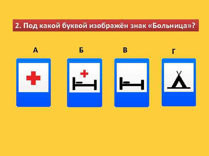 2. Под какой буквой изображён знак «Больница» ? А Б В Г 