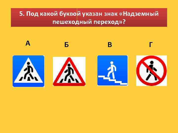5. Под какой буквой указан знак «Надземный пешеходный переход» ? А Б В Г