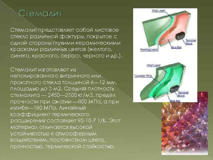 Стемалит представляет собой листовое стекло различной фактуры, покрытое с одной стороны глухими керамическими красками
