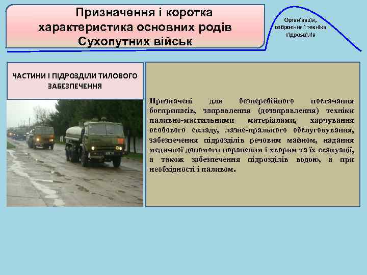 Призначення і коротка характеристика основних родів Сухопутних військ Організація, озброєння і техніка підрозділів ЧАСТИНИ