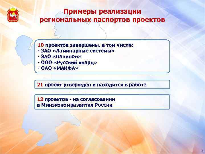 Примеры реализации региональных паспортов проектов 10 проектов завершены, в том числе: - ЗАО «Ламинарные