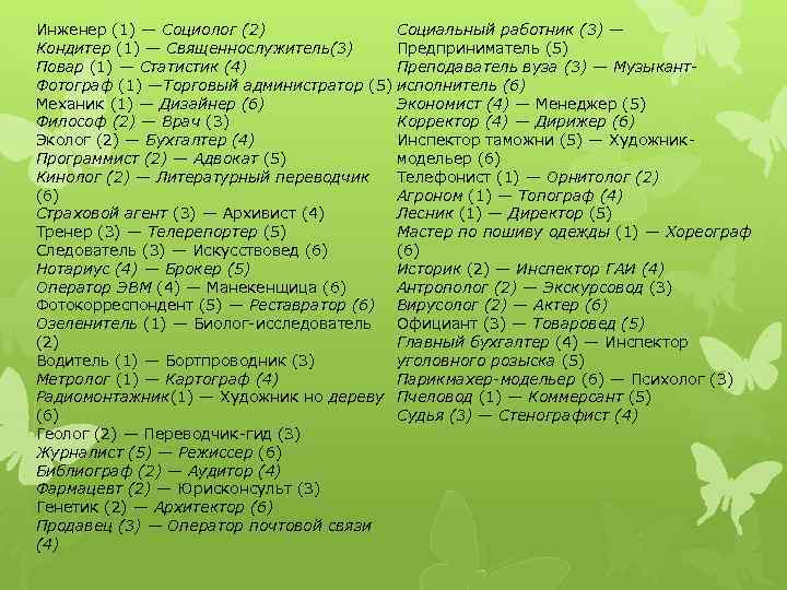 Инженер (1) — Социолог (2) Социальный работник (3) — Кондитер (1) — Священнослужитель(3) Предприниматель