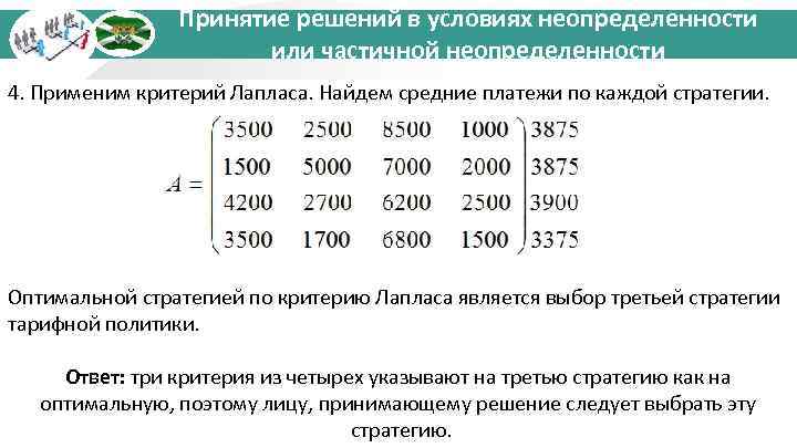 Принятие решений в условиях неопределенности или частичной неопределенности 4. Применим критерий Лапласа. Найдем средние