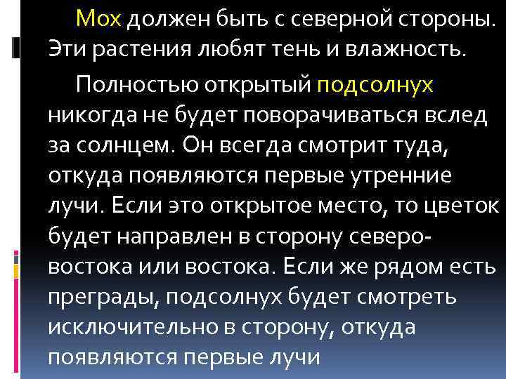 Мох должен быть с северной стороны. Эти растения любят тень и влажность. Полностью открытый