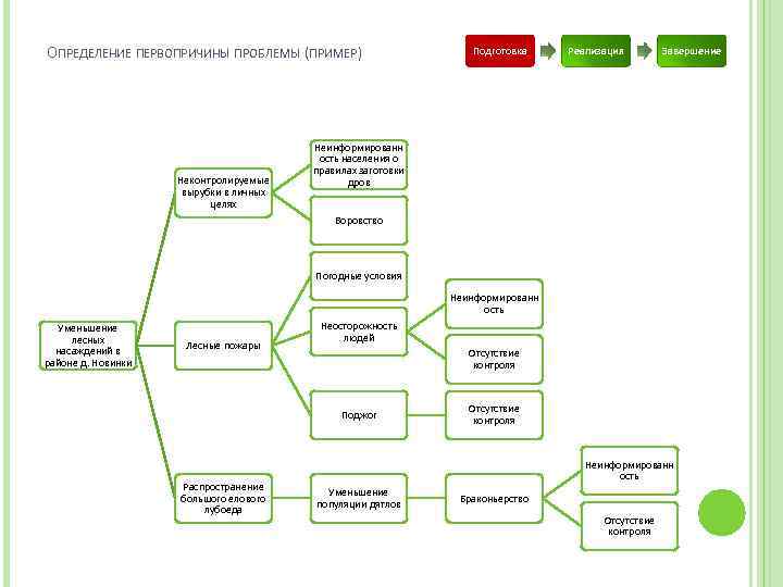ОПРЕДЕЛЕНИЕ ПЕРВОПРИЧИНЫ ПРОБЛЕМЫ (ПРИМЕР) Неконтролируемые вырубки в личных целях Подготовка Реализация Завершение Неинформированн ость
