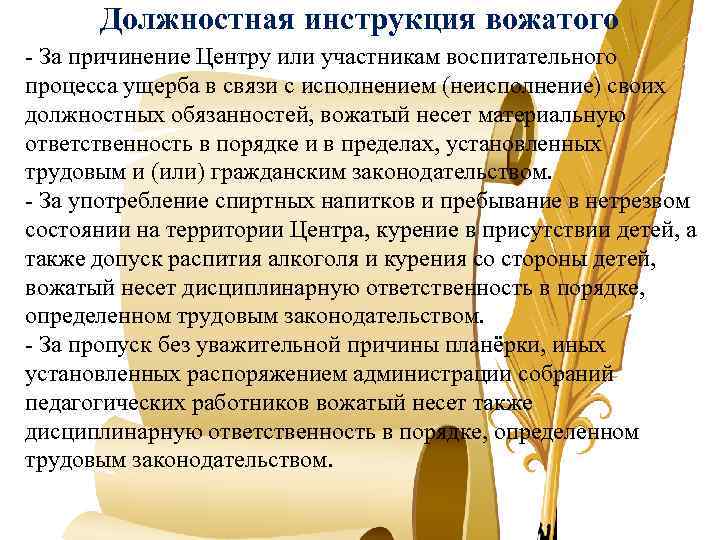 Направлениям деятельности вожатого. Функциональные обязанности вожатого. Нормативные документы регламентирующие деятельность вожатого. Должностная инструкция вожатого.