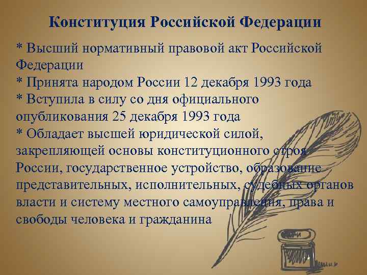 Конституция Российской Федерации * Высший нормативный правовой акт Российской Федерации * Принята народом России