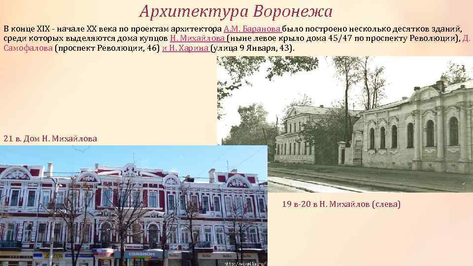 Архитектура Воронежа В конце XIX - начале XX века по проектам архитектора А. М.