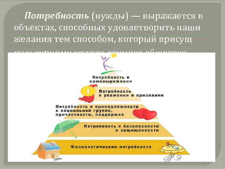 Потребность (нужды) — выражается в объектах, способных удовлетворить наши желания тем способом, который присущ