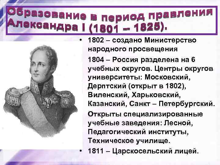  • 1802 – создано Министерство народного просвещения • 1804 – Россия разделена на