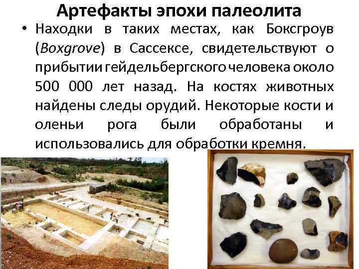 Артефакты эпохи палеолита • Находки в таких местах, как Боксгроув (Boxgrove) в Сассексе, свидетельствуют