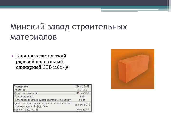 Минский завод строительных материалов • Кирпич керамический рядовой полнотелый одинарный СТБ 1160 -99 
