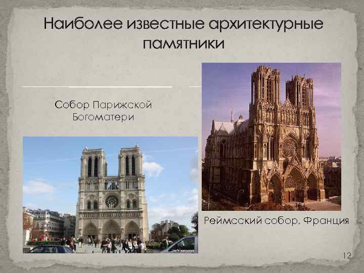 Наиболее известные архитектурные памятники Собор Парижской Богоматери Реймсский собор, Франция 12 