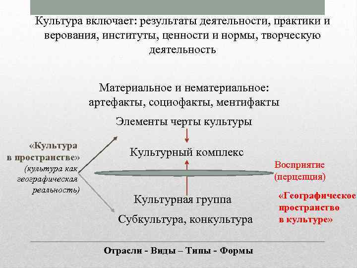 Культура включает: результаты деятельности, практики и верования, институты, ценности и нормы, творческую деятельность Материальное
