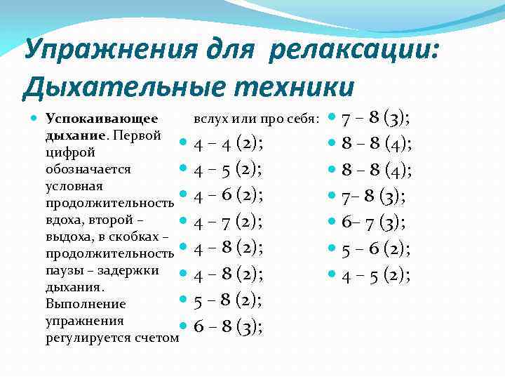 Упражнения для релаксации: Дыхательные техники Успокаивающее вслух или про себя: дыхание. Первой 4 –