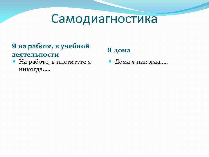 Самодиагностика Я на работе, в учебной деятельности На работе, в институте я никогда…. .
