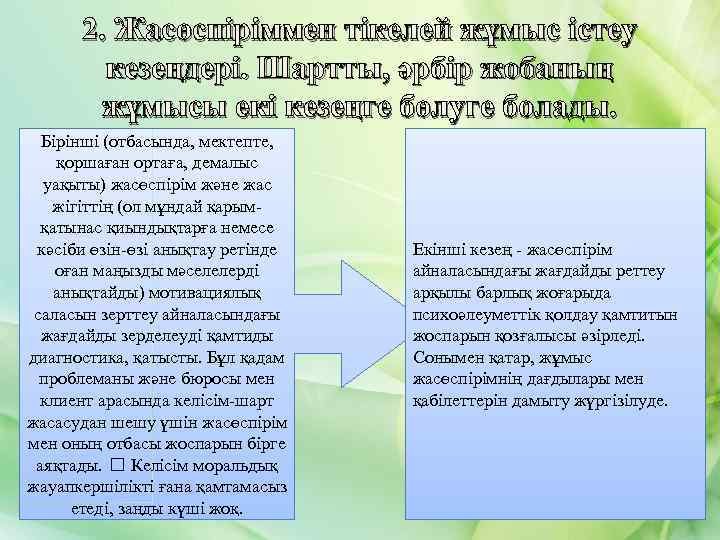 2. Жасөспіріммен тікелей жұмыс істеу кезеңдері. Шартты, әрбір жобаның жұмысы екі кезеңге бөлуге болады.